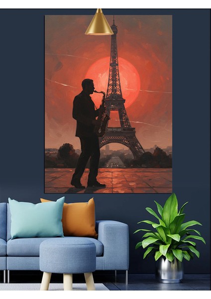 Eyfel Kulesi Saksafon Çalan Adam Slüeti Dekoratif Kanvas - Mdf Ahşap Tablo