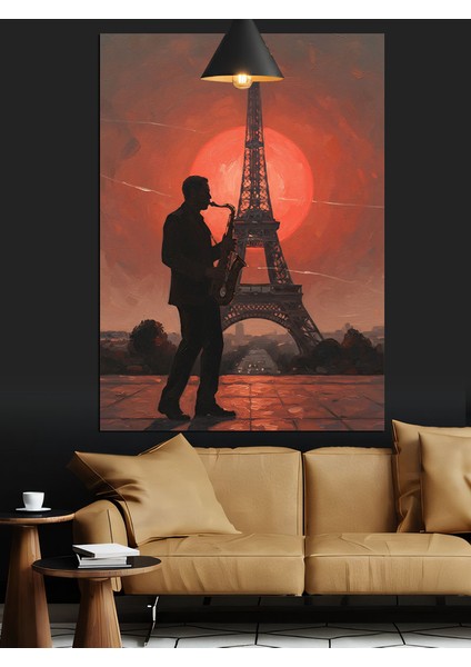 Eyfel Kulesi Saksafon Çalan Adam Slüeti Dekoratif Kanvas - Mdf Ahşap Tablo fiyatları
