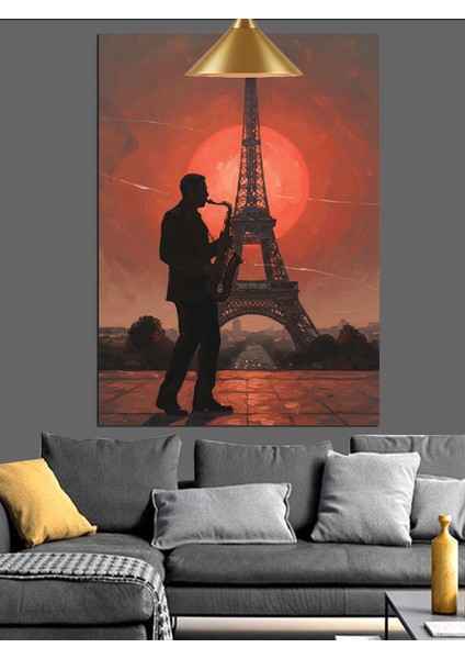 Eyfel Kulesi Saksafon Çalan Adam Slüeti Dekoratif Kanvas - Mdf Ahşap Tablo modelleri