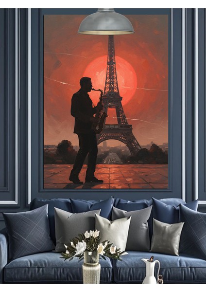 Eyfel Kulesi Saksafon Çalan Adam Slüeti Dekoratif Kanvas - Mdf Ahşap Tablo fırsatları