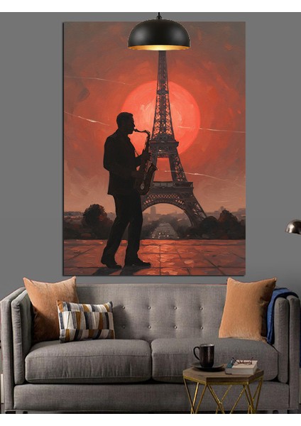 Eyfel Kulesi Saksafon Çalan Adam Slüeti Dekoratif Kanvas - Mdf Ahşap Tablo indirimleri