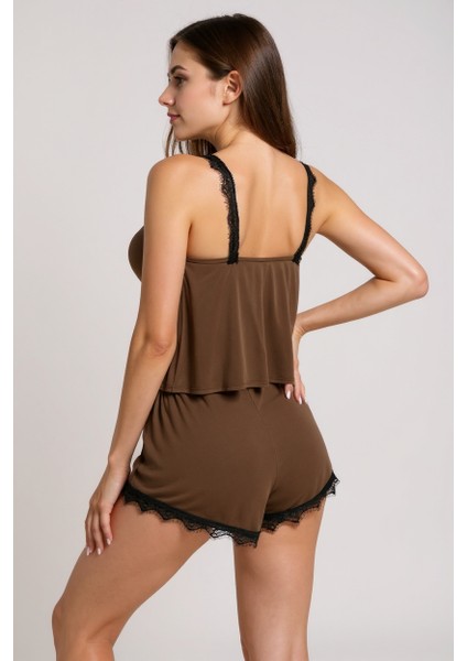 Kadın Kahverengi Dantelli Şortlu Pijama Takımı – Rahat, Şık ve 4 Mevsim Kullanım indirimleri