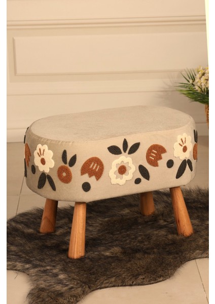Pufi Dekoratif Rahat ve Konforlu Puf -Nakışlı Punc Işlemeli - Krem Renkli - Doğal Ahşap Bohem Ayaklı - Oval Puf - Çok Amaçlı Kullanım - Modern Bench fiyatları
