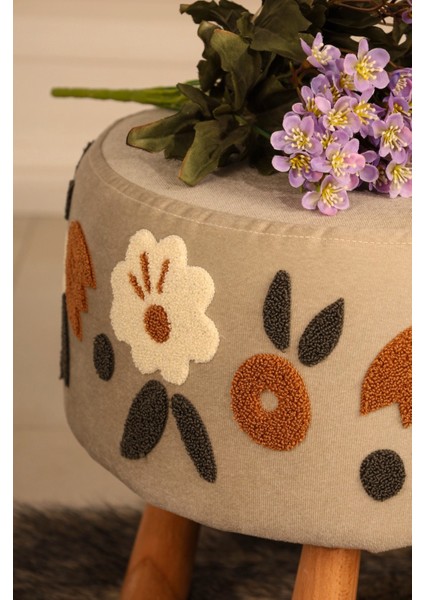 Pufi Dekoratif Rahat ve Konforlu Puf -Nakışlı Punc Işlemeli - Krem Renkli - Doğal Ahşap Bohem Ayaklı - Oval Puf - Çok Amaçlı Kullanım - Modern Bench fırsatları