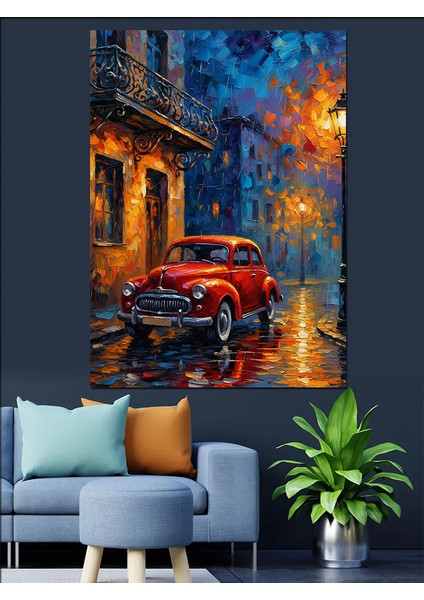Kırmızı Araba Yağmurlu Gece Dekoratif Kanvas - Mdf Ahşap Tablo