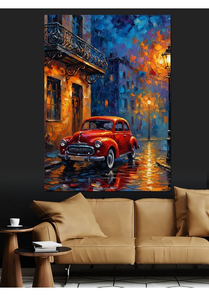 Kırmızı Araba Yağmurlu Gece Dekoratif Kanvas - Mdf Ahşap Tablo fiyatları