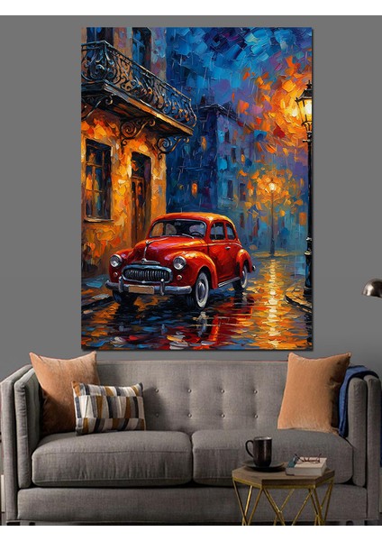 Kırmızı Araba Yağmurlu Gece Dekoratif Kanvas - Mdf Ahşap Tablo modelleri