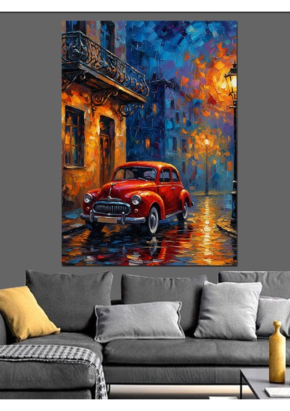Kırmızı Araba Yağmurlu Gece Dekoratif Kanvas - Mdf Ahşap Tablo fırsatları