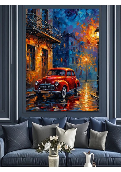 Kırmızı Araba Yağmurlu Gece Dekoratif Kanvas - Mdf Ahşap Tablo indirimleri