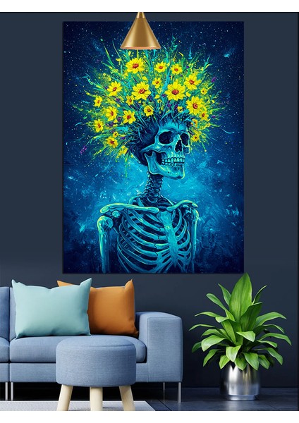 Çiçekli Kuru Kafa Iskelet Mavi Dekoratif Kanvas - Mdf Ahşap Tablo