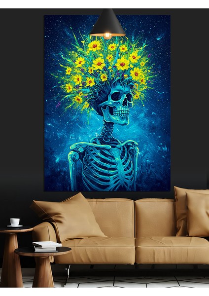 Çiçekli Kuru Kafa Iskelet Mavi Dekoratif Kanvas - Mdf Ahşap Tablo fiyatları
