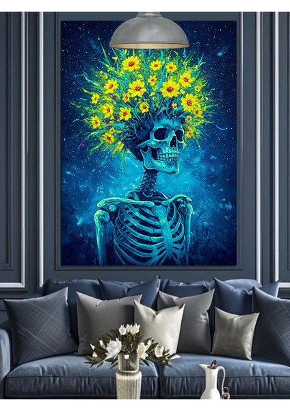 Çiçekli Kuru Kafa Iskelet Mavi Dekoratif Kanvas - Mdf Ahşap Tablo fırsatları
