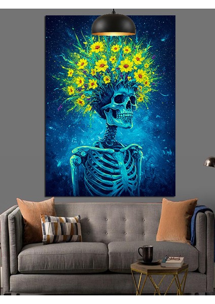 Çiçekli Kuru Kafa Iskelet Mavi Dekoratif Kanvas - Mdf Ahşap Tablo indirimleri