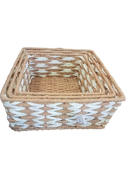 Kare Örgü Desenli Doğal Hasır Sepet Seti - 3&apos;lü