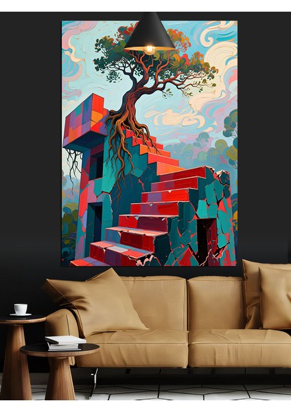 Merdivenin Sonundaki Ağaç Dekoratif Kanvas - Mdf Ahşap Tablo