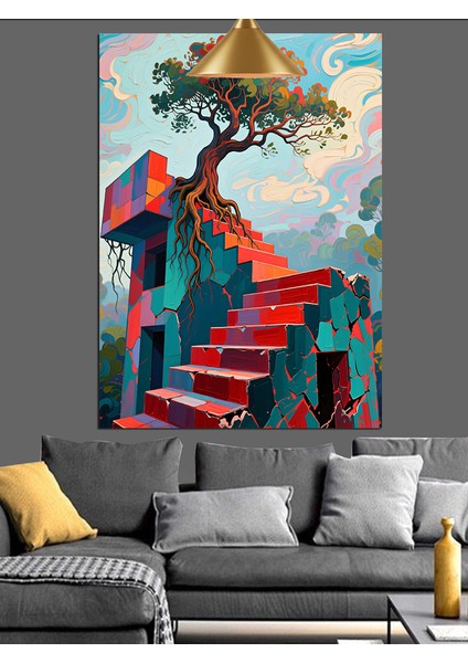 Merdivenin Sonundaki Ağaç Dekoratif Kanvas - Mdf Ahşap Tablo fiyatları
