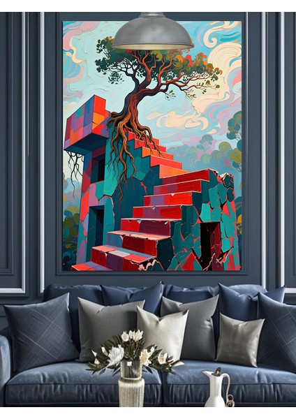 Merdivenin Sonundaki Ağaç Dekoratif Kanvas - Mdf Ahşap Tablo modelleri