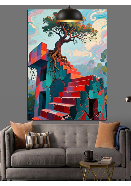 Merdivenin Sonundaki Ağaç Dekoratif Kanvas - Mdf Ahşap Tablo fırsatları
