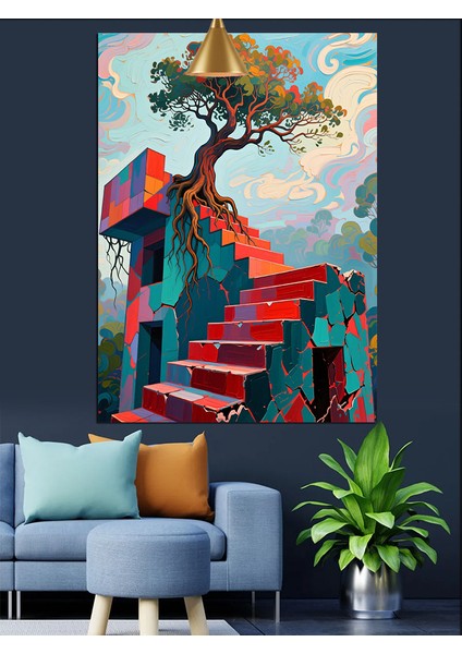 Merdivenin Sonundaki Ağaç Dekoratif Kanvas - Mdf Ahşap Tablo indirimleri