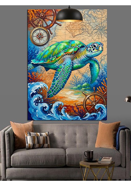 Deniz Kaplumbağası Su Üstü Çark ve Pusula Dekoratif Kanvas - Mdf Ahşap Tablo