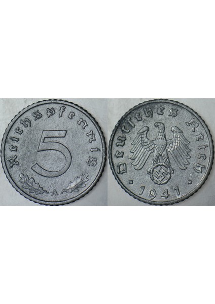 Almanya 5 Pfennig 1941 A. Ikinci Dünya Savaşı Nazi Dönemi. Gamalı Haç. Çinko.