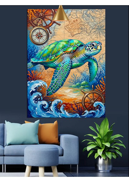 Deniz Kaplumbağası Su Üstü Çark ve Pusula Dekoratif Kanvas - Mdf Ahşap Tablo fiyatları