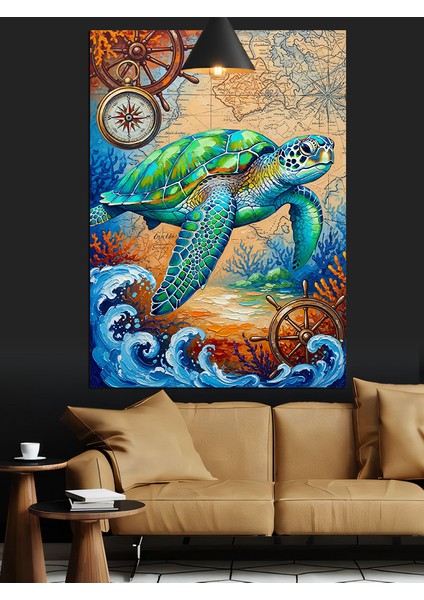 Deniz Kaplumbağası Su Üstü Çark ve Pusula Dekoratif Kanvas - Mdf Ahşap Tablo modelleri