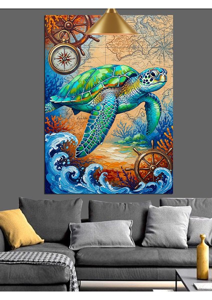 Deniz Kaplumbağası Su Üstü Çark ve Pusula Dekoratif Kanvas - Mdf Ahşap Tablo fırsatları