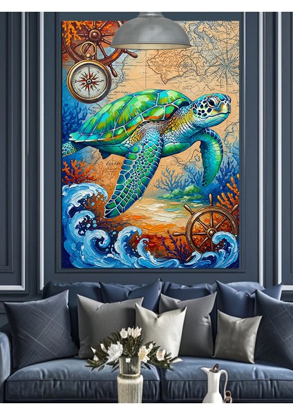 Deniz Kaplumbağası Su Üstü Çark ve Pusula Dekoratif Kanvas - Mdf Ahşap Tablo indirimleri