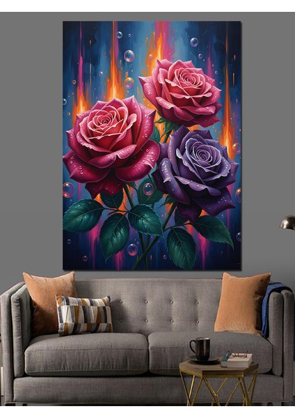 Mor Kırmızı Gül Buketi Dekoratif Kanvas - Mdf Ahşap Tablo