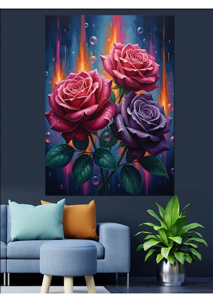 Mor Kırmızı Gül Buketi Dekoratif Kanvas - Mdf Ahşap Tablo fırsatları