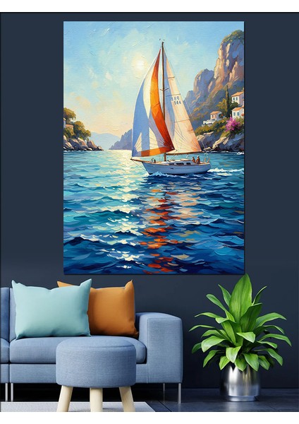 Yelkenlilerle Huzurlu Deniz Dekoratif Kanvas - Mdf Ahşap Tablo