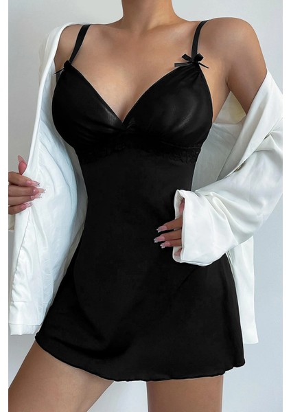 Kadın Siyah Askılı Beli Dantelli Göğsü Fiyonklu Şık Gecelik – Modern ve Şık Tasarım indirimleri