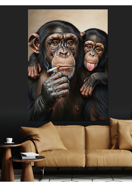 Iki Maymun Arkadaş Eğleniyor Dekoratif Kanvas - Mdf Ahşap Tablo