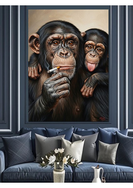 Iki Maymun Arkadaş Eğleniyor Dekoratif Kanvas - Mdf Ahşap Tablo fırsatları