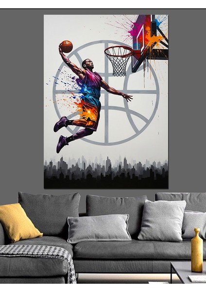 Basketçi Adam Sanat Illüstrasyon Dekoratif Kanvas - Mdf Ahşap Tablo
