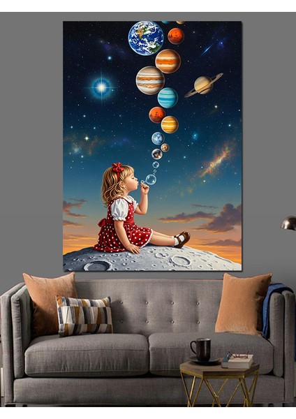 Balonlu Kız Gezegenler Uçuyor Dekoratif Kanvas - Mdf Ahşap Tablo