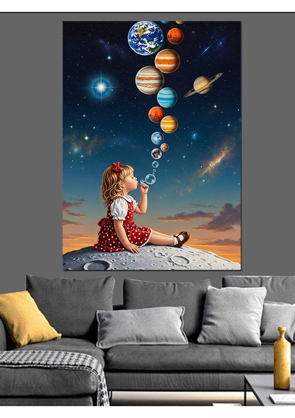 Balonlu Kız Gezegenler Uçuyor Dekoratif Kanvas - Mdf Ahşap Tablo fiyatları