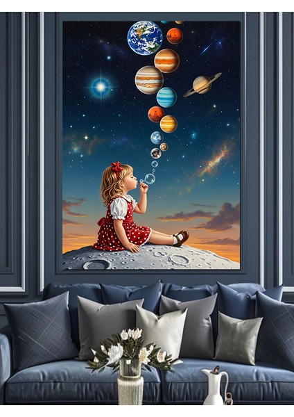 Balonlu Kız Gezegenler Uçuyor Dekoratif Kanvas - Mdf Ahşap Tablo modelleri