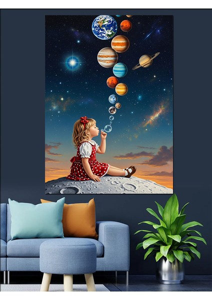 Balonlu Kız Gezegenler Uçuyor Dekoratif Kanvas - Mdf Ahşap Tablo fırsatları