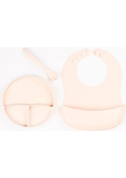 Krem Rengi 3’lü Silikon Yemek Seti – Önlük + Diş Kaşıyıcılı Kaşık + Vakumlu Tabak