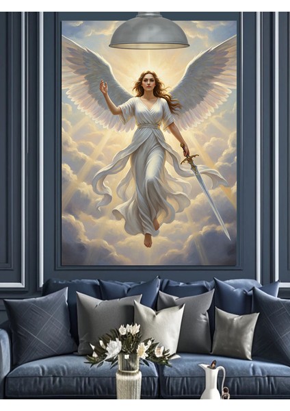 Bulutlar Üstünde Kılıç Tutan Beyaz Melek Figürü Ilahi Işık Dekoratif Kanvas - Mdf Ahşap Tablo