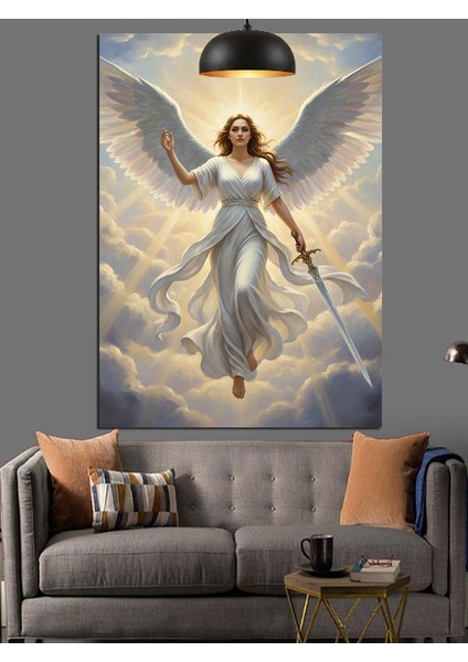 Bulutlar Üstünde Kılıç Tutan Beyaz Melek Figürü Ilahi Işık Dekoratif Kanvas - Mdf Ahşap Tablo fiyatları