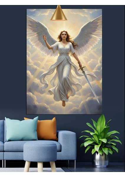 Bulutlar Üstünde Kılıç Tutan Beyaz Melek Figürü Ilahi Işık Dekoratif Kanvas - Mdf Ahşap Tablo modelleri