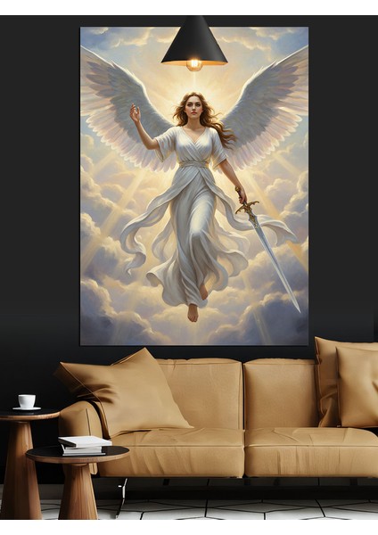 Bulutlar Üstünde Kılıç Tutan Beyaz Melek Figürü Ilahi Işık Dekoratif Kanvas - Mdf Ahşap Tablo fırsatları