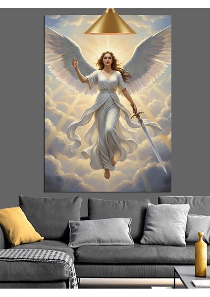 Bulutlar Üstünde Kılıç Tutan Beyaz Melek Figürü Ilahi Işık Dekoratif Kanvas - Mdf Ahşap Tablo indirimleri