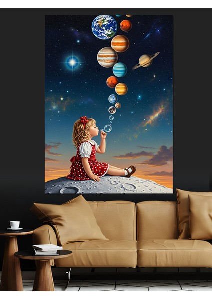 Balonlu Kız Gezegenler Uçuyor Dekoratif Kanvas - Mdf Ahşap Tablo indirimleri