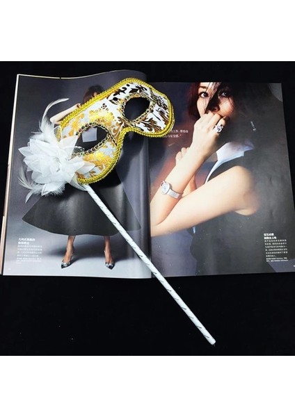 Lüks Taşlı Saplı Balo Maskesi Beyaz Renk