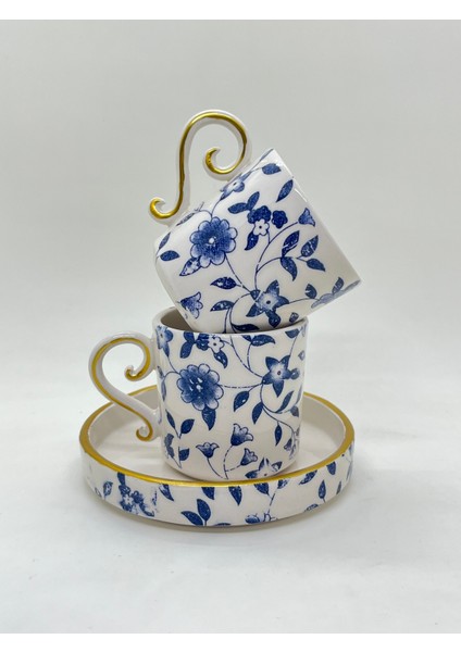 El Yapımı Seramik 2'li Türk Kahvesi Fincan Takımı Mavi Beyaz Çiçek Desenli