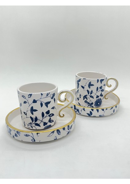 El Yapımı Seramik 2'li Türk Kahvesi Fincan Takımı Mavi Beyaz Çiçek Desenli fiyatları